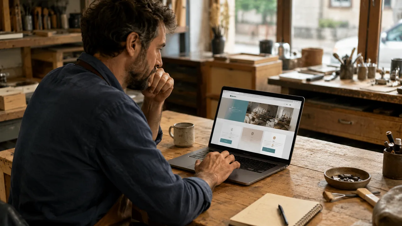 Mise en situation d'un artisan consultant un exemple de site sur ordinateur